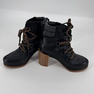 Sorel Lexie Wedge Boots Black‎ Gray Wool Leather Lace Up Heeled Booties 6.5